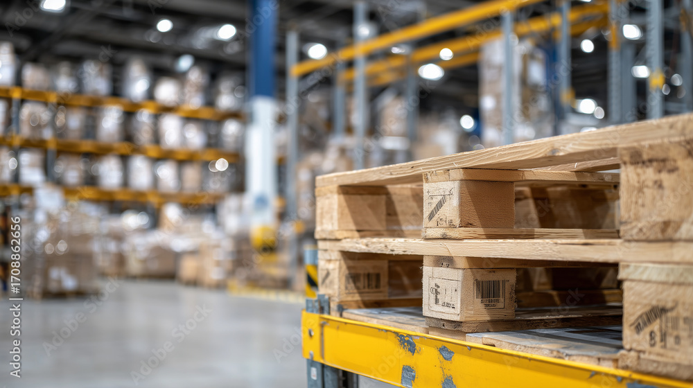 Poster cargo crates stacked in a large logistics warehouse, wide-angle lens capturing endless rows and colu