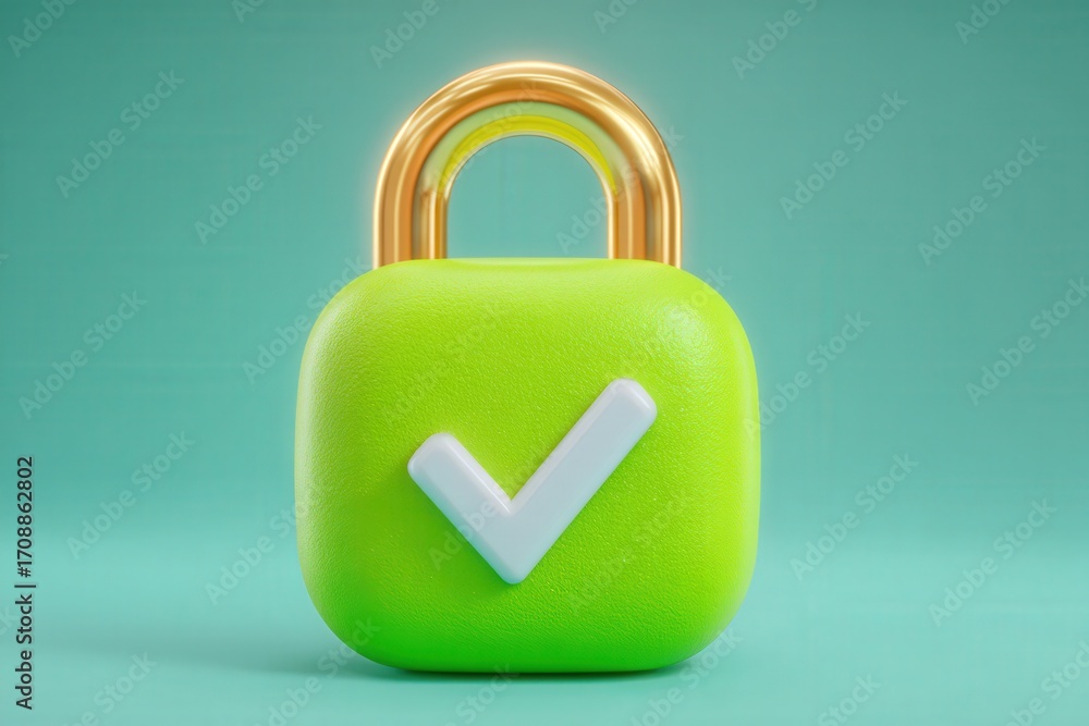 Poster a shiny green padlock symbolizing digital security with a golden loop and checkmark embodying trust 