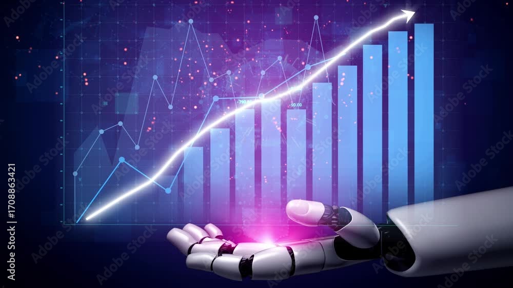 Poster a robotic hand presents a glowing light while a bar graph and line chart demonstrate rising trends, 