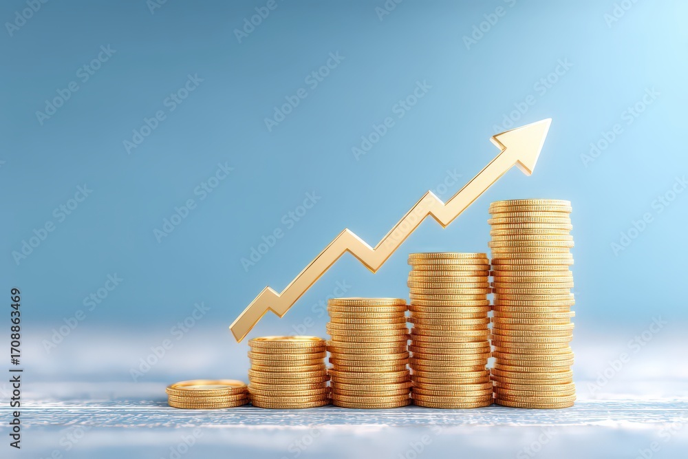 Poster visualizing financial progress through stacked gold coins and upward growth arrow representing econo