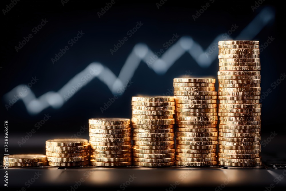 Poster Stacks of gold coins arranged in ascending order against a dark background with a blurred upward trend line representing financial growth and investment strategy captivating visual representation