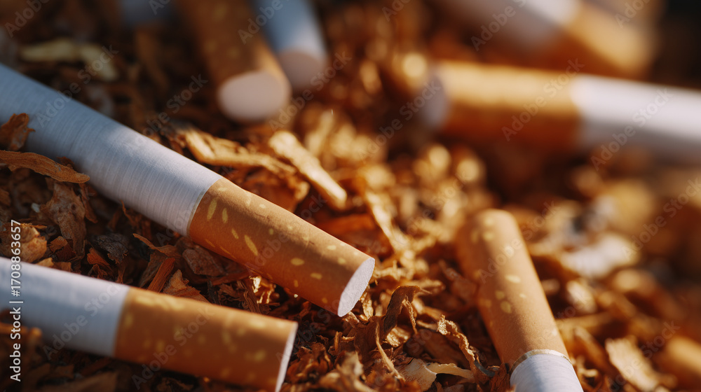 Poster close-up of pile of cigarettes, natural window light softly illuminating texture of filters and toba