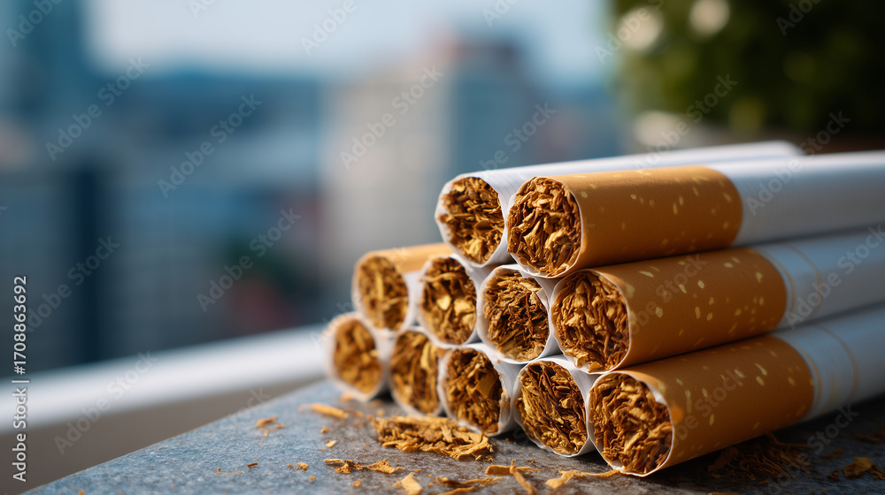 Poster close-up of pile of cigarettes, natural window light softly illuminating texture of filters and toba