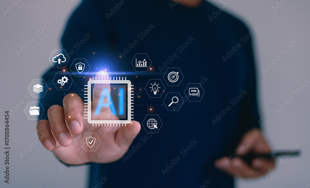 Poster artificial intelligence concept with businessman using smartphone and touching ai microchip icon, sy