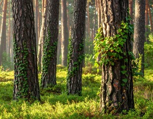 Obraz premium A sunlit forest floor with towering pine trees