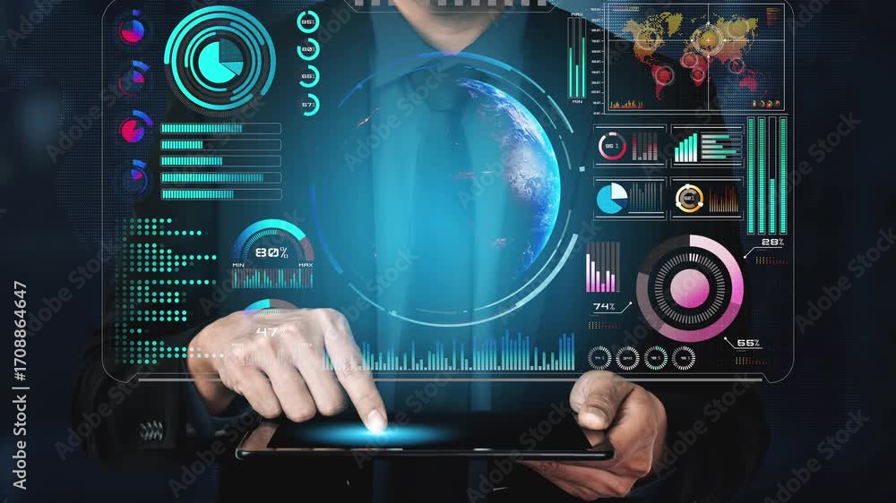 Poster high-tech global network connection interface showing worldwide digital communication, data exchange