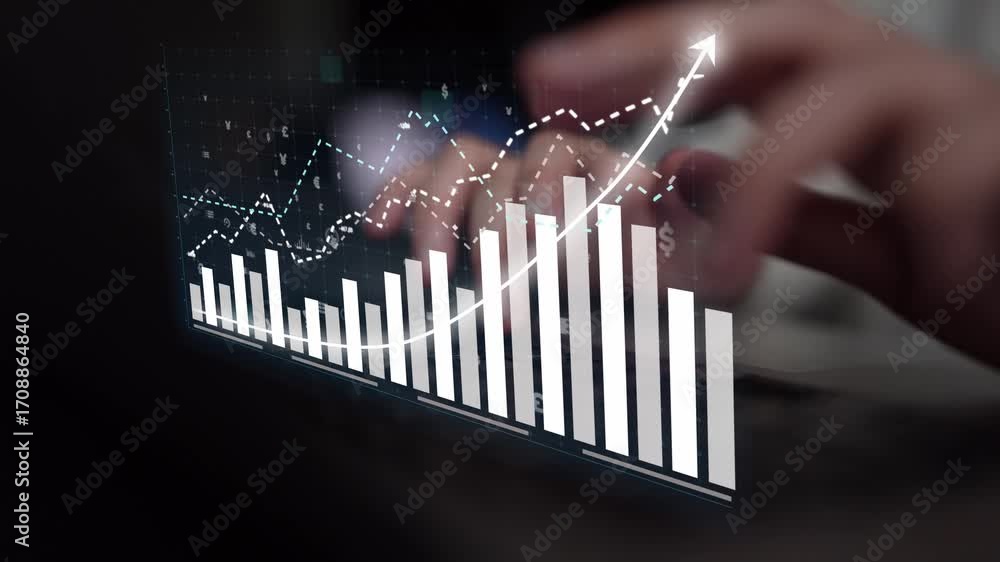 Poster a dynamic visual representation of business growth featuring a bar graph and upward arrow. a person 