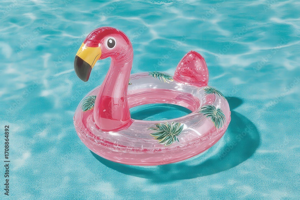 Poster bright pink flamingo pool float capturing playful vibes against a shimmering turquoise background en