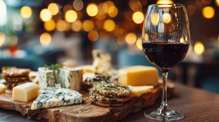 Delicious Cheese Selection with Glass of Red Wine on Wooden Platter, Cozy Dinner with Bokeh Lights for a Perfect Evening Celebration