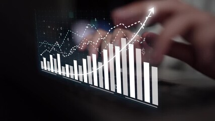 A dynamic visual representation of business growth featuring a bar graph and upward arrow. A person engages with a laptop, illustrating modern data analysis in a professional setting. Copula - Powered by Adobe