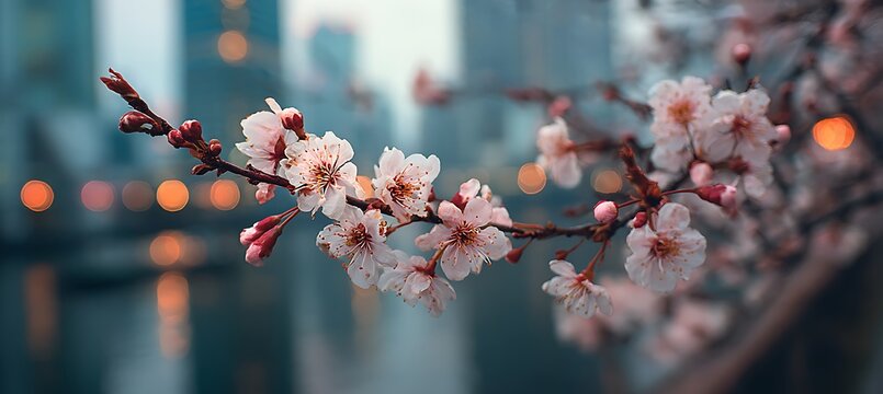 Beautiful cherry blossom branch in spring with blurred city lights background stock photo wallpaper image