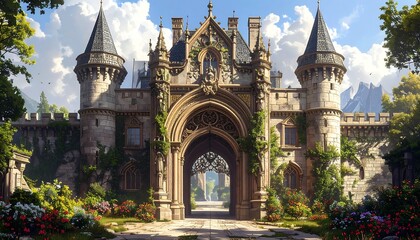 A grand, ornate medieval gatehouse entrance, adorned with intricate carvings and lush greenery, stands under a bright, sunny sky.