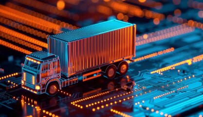 Miniature cargo truck with shipping container driving on illuminated circuit board, glowing blue and orange electronic pathways