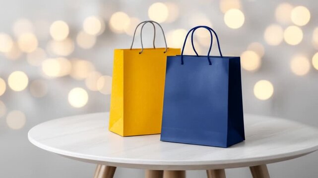 Two vibrant shopping bags, yellow and blue, sit on a white table against a softly lit background.