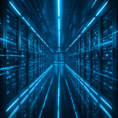 Futuristic Server Room with Neon Blue Lights and Digital Data Streams