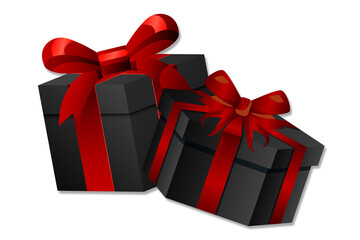 Two black gift boxes with red ribbons