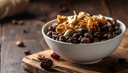 Coffee beans in a bowl on a wooden table