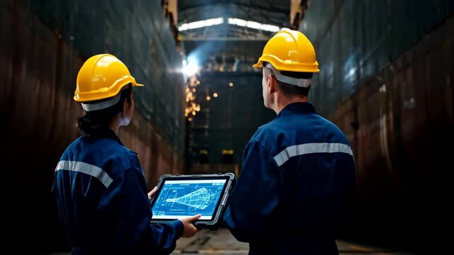 Medium shot of two diverse engineers in hard hats discussing ship blueprints on a tablet inside a dark dry dock with welding sparks