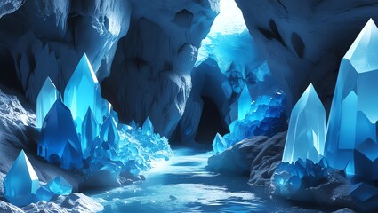 Crystal cave with luminous blue formations and water