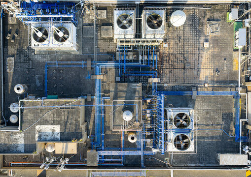 Aerial View Building Rooftop Infrastructure HVAC Electrical Pipe