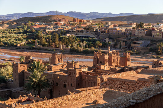 Panoramic view of Ait Benhaddou and nearby town
