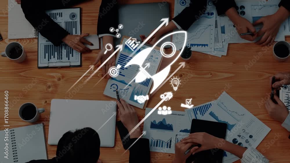 Poster a diverse business team engages in collaboration on growth strategies highlighted by data visualizat