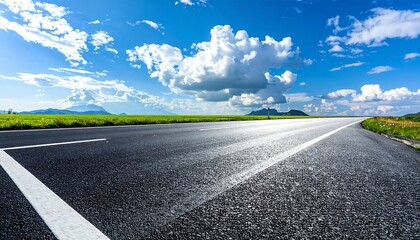 Empty asphalt road under a vibrant blue sky