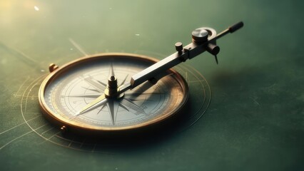 A vintage compass with a drafting compass rests on a dark green surface, surrounded by subtle concentric circles suggesting direction and precision.  Light highlights the metallic elements