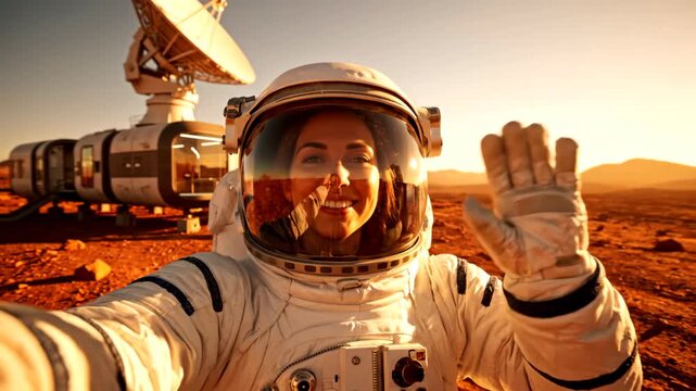 Happy female astronaut in a white spacesuit waves while taking a selfie on a red planet with her space habitat