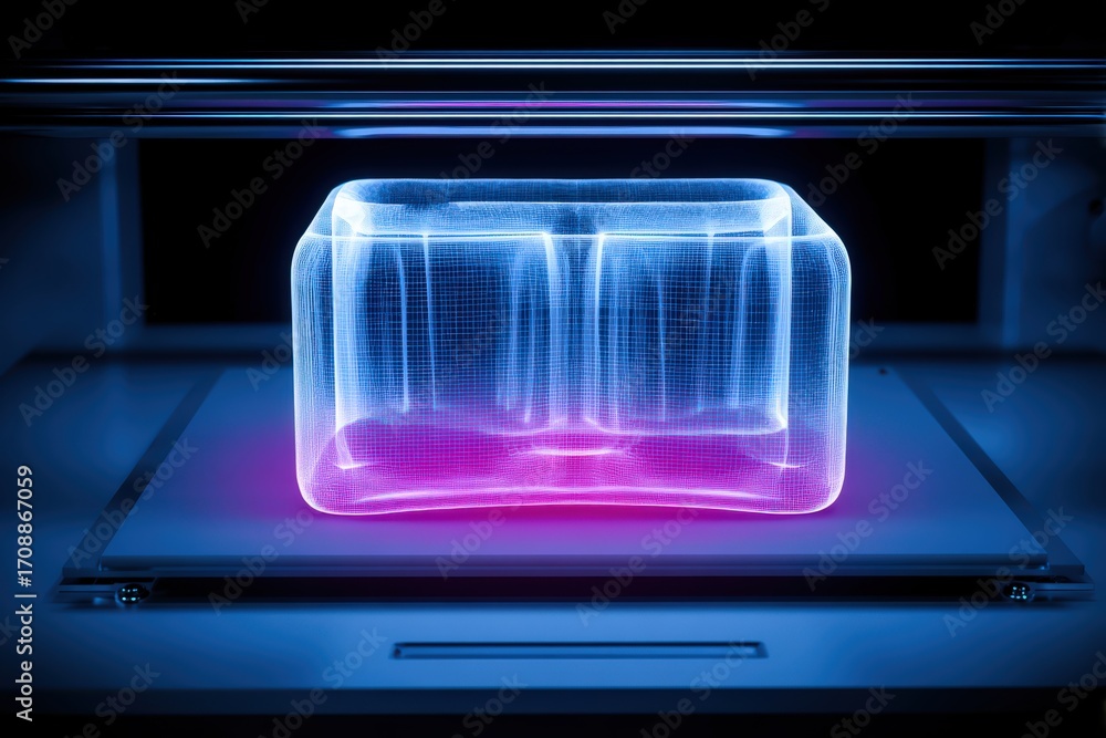 Poster captivating holographic representation of a translucent three-dimensional object glowing with blue a