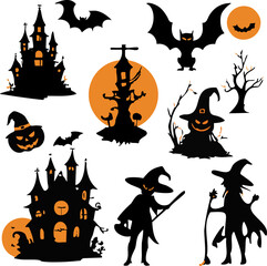 Set of vector illustrations on Halloween theme such as pumpkins, witches, bats, witch castles