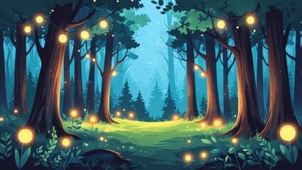 Enchanted forest with glowing orbs and string lights