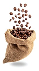 Coffee beans spilling from burlap sack