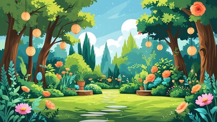 Enchanted garden with trees lanterns flowers and a stone path