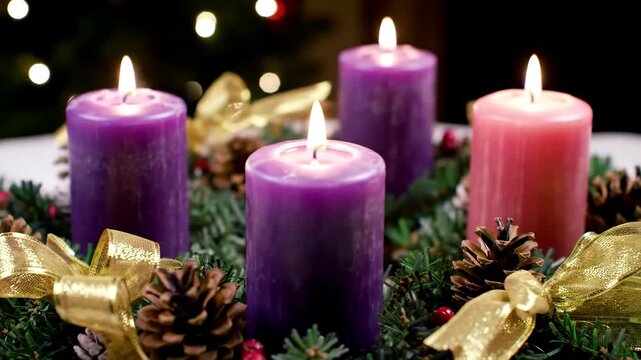 Slow pan close-up of a festive Advent wreath with lit purple and pink candles