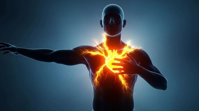 Conceptual image of a man experiencing chest pain, highlighting heart disease, cardiovascular health, and the importance of seeking medical attention