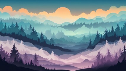 Foggy mountain range with layered evergreen trees and a soft sunset