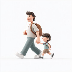 A stylized father and son walk side by side wearing casual attire. Isolated on white background.