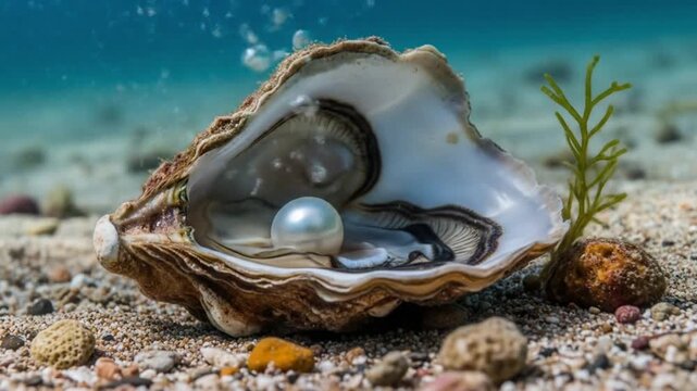 Luminous pearl nestled in open oyster shell on sandy seabed with gentle ocean currents