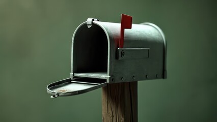 A weathered metallic mailbox with its door ajar, revealing a slightly dirty interior, stands on a worn wooden post against a muted green backdrop. A small red flag indicates unread mail