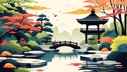 Japanese garden with pagoda arched bridge water and trees