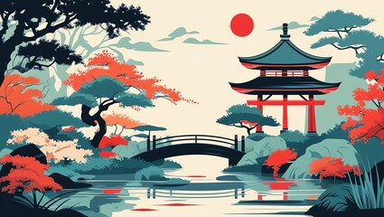 Japanese garden with pagoda bridge and red sun