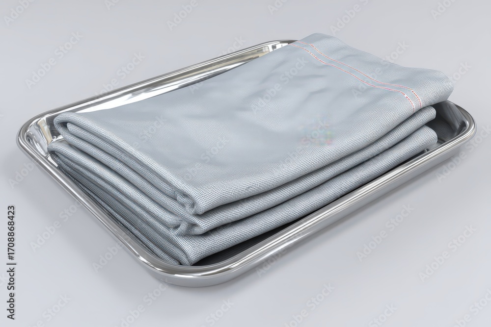 Poster neatly arranged stack of elegant gray fabric linens presented on a shiny metal tray showcasing minim