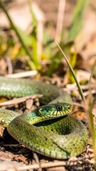 Close-up of a coiled green snake amidst foliage