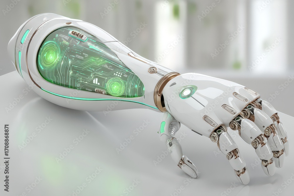 Poster futuristic robotic hand integrated with advanced circuitry technology and green illuminated componen
