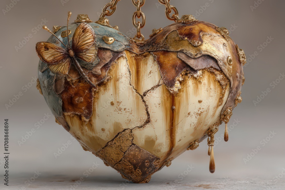 Poster artistic representation of a heart shaped sculpture adorned with a butterfly exuding a sense of beau