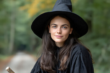 A beautiful happy witch, wearing black dress and a black witch hat