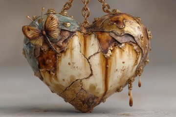 Artistic representation of a heart shaped sculpture adorned with a butterfly exuding a sense of beauty and fragility while symbolizing resilience and transformation through its intricate details