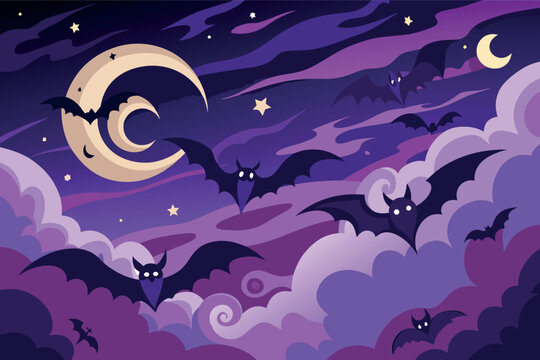 Spooky halloween night sky vector illustration with bats moon and clouds for eps format