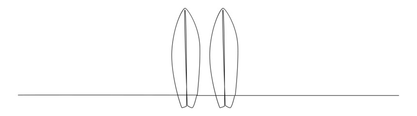 Two surfboards standing against ocean line